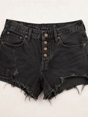 Free People Black Distressed Button-Front Denim Shorts